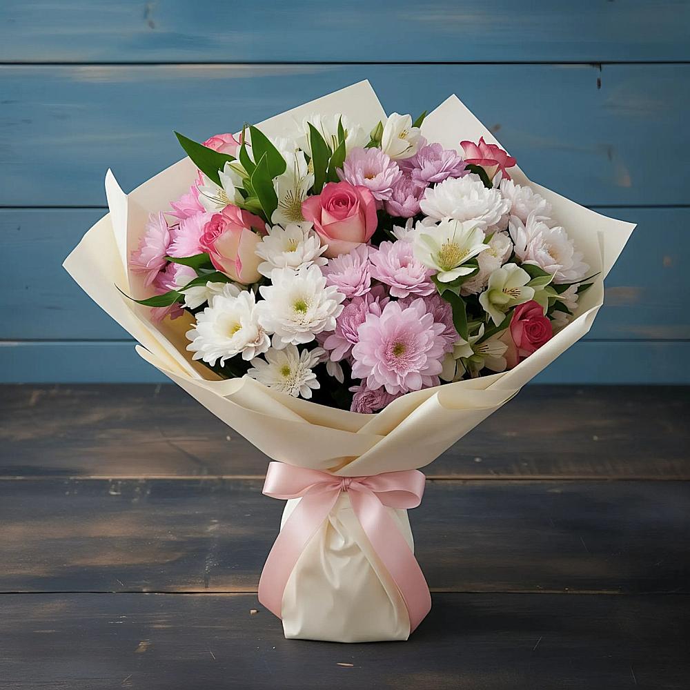 Букет цветов из: Хризантемы, Альстромерии и Розы в Земетчино